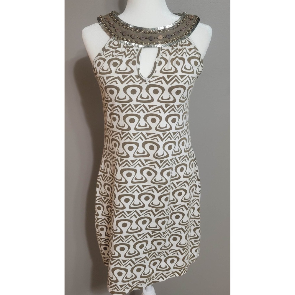 EUC - Beaded Neckline Taupe & Cream Mini Dress